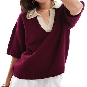 ASOS DESIGN knit polo top with contrast notch collar in burgundy